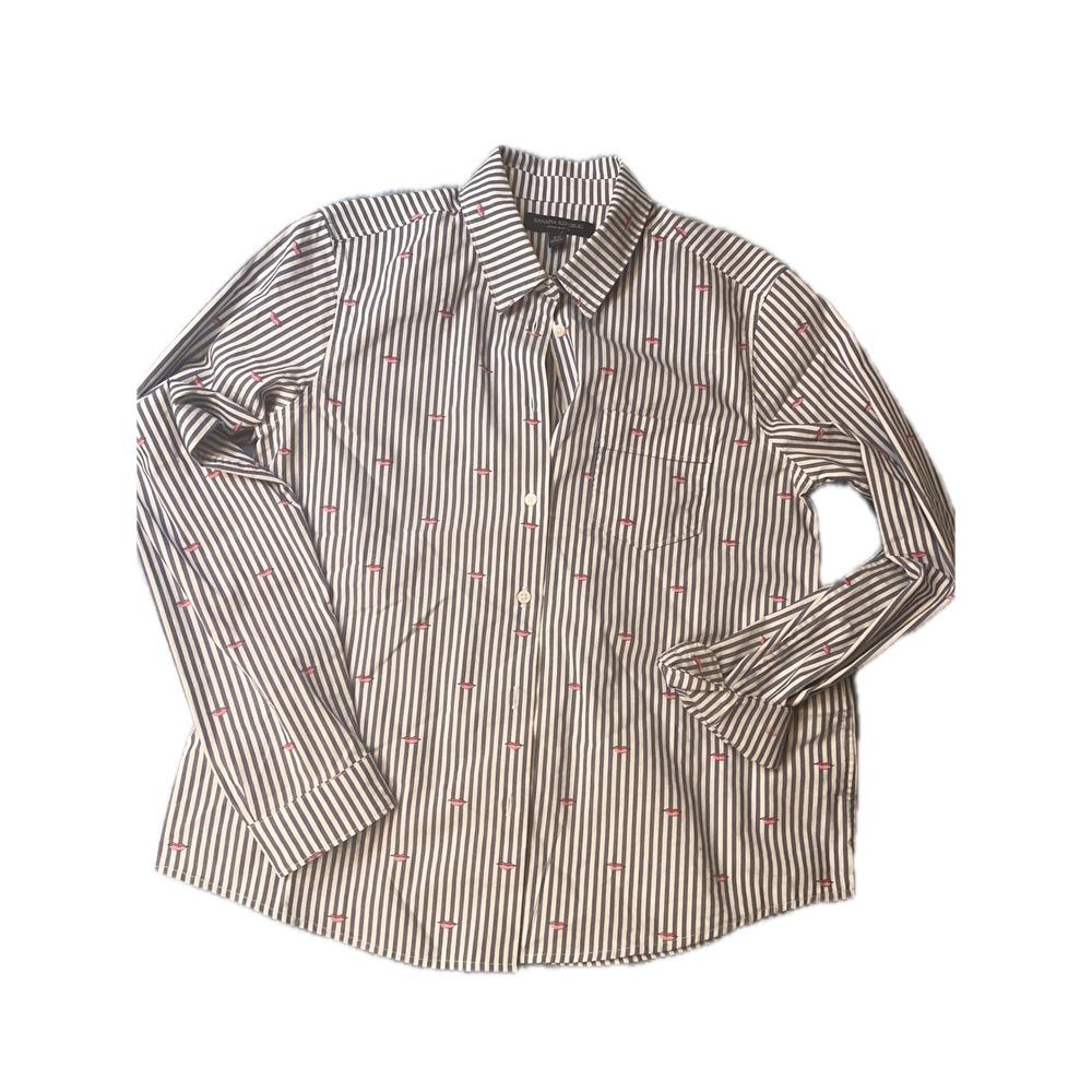 Banana Republic Quinn Boy Fit Striped Button Up Shirt Pink Lips Print XS